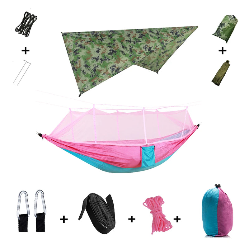Load image into Gallery viewer, 2-in-1 Hammock with Mosquito Net &amp; Rain Tarp – Portable Survival Shelter for Camping &amp; Outdoor Use
