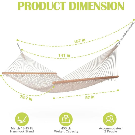 12FT Double Cotton Rope Hammock with Spreader Bar – Handwoven Comfort for Outdoor, Patio, or Poolside Relaxation