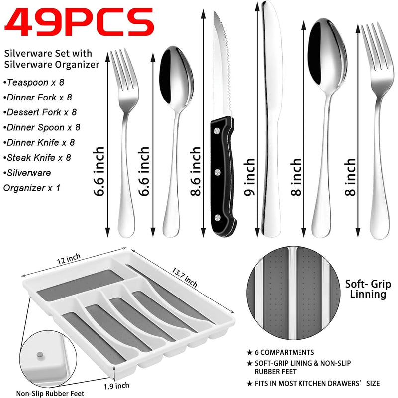 Load image into Gallery viewer, 49-Piece Stainless Steel Silverware Set with Cutlery Organizer, Service for 8 with Steak Knives and Kitchen Utensils
