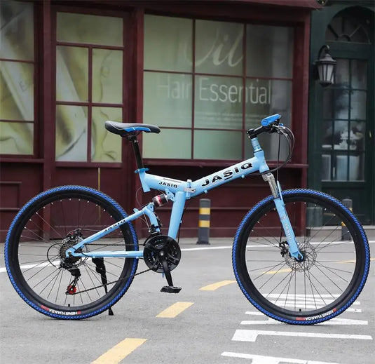 21-Speed Folding Mountain Bike – Dual Suspension Geared Bicycle