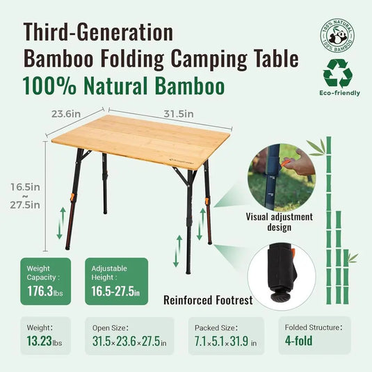 4-Fold Bamboo Camping Table | Adjustable Height Aluminum Frame | Portable Outdoor RV Picnic Table