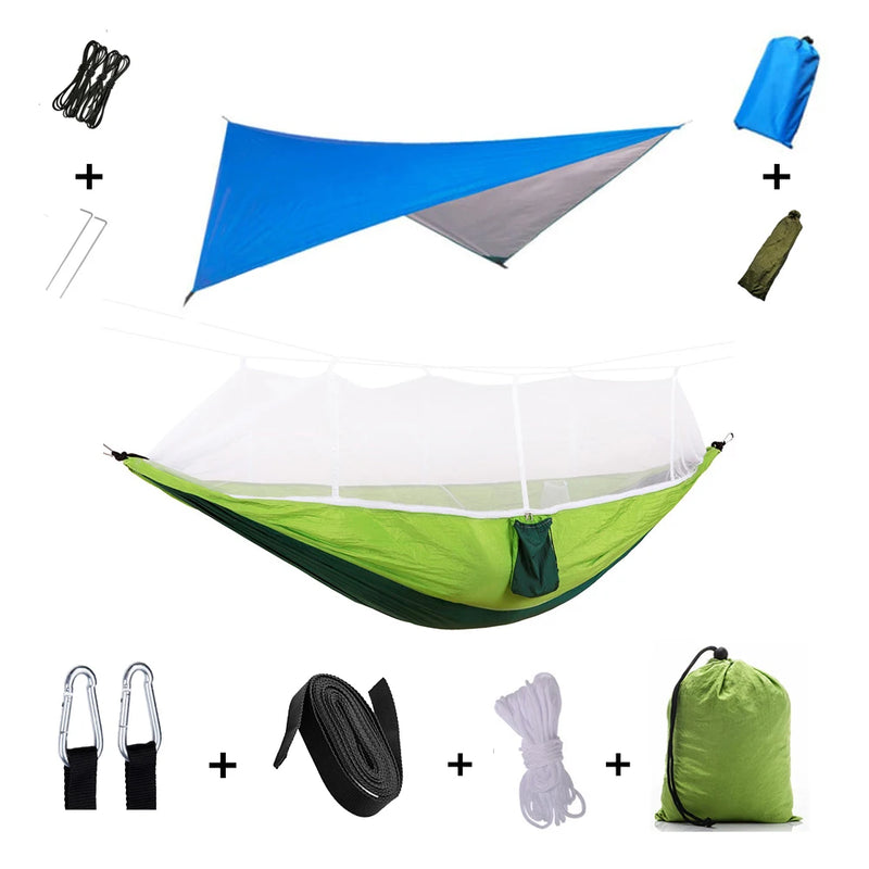 Load image into Gallery viewer, 2-in-1 Hammock with Mosquito Net &amp; Rain Tarp – Portable Survival Shelter for Camping &amp; Outdoor Use
