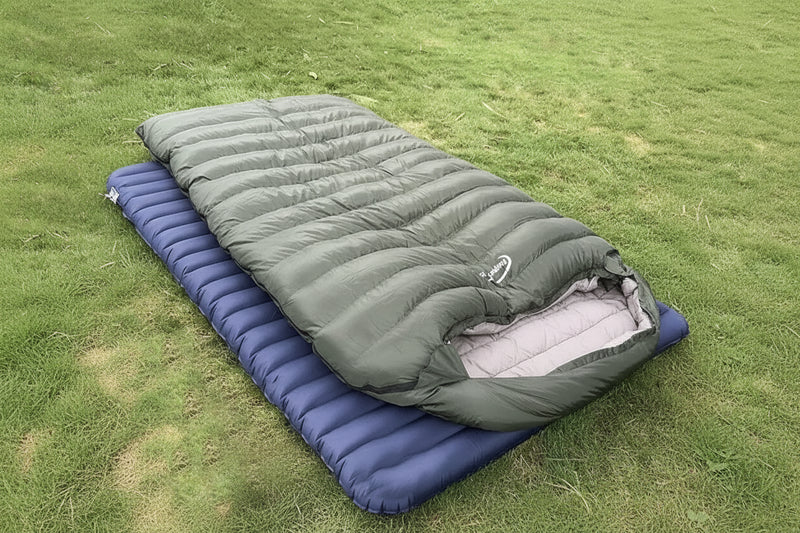 Load image into Gallery viewer, Green sleeping bag on a blue air mattress outdoors
