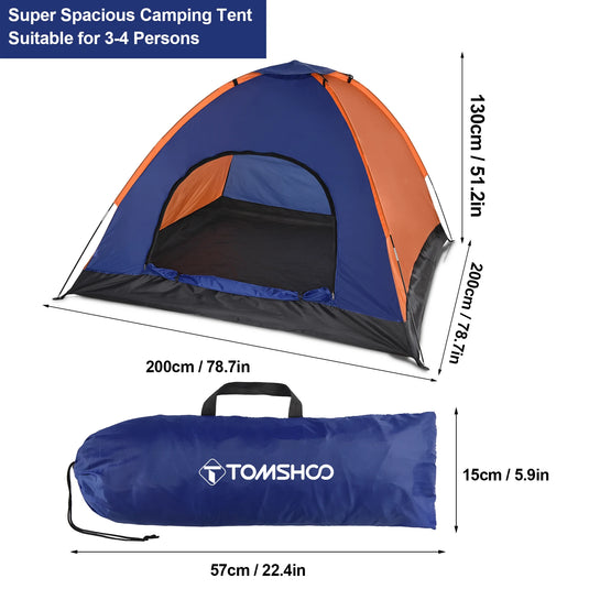 Blue and orange camping tent with dimensions and a TOMSHOO bag on a white background