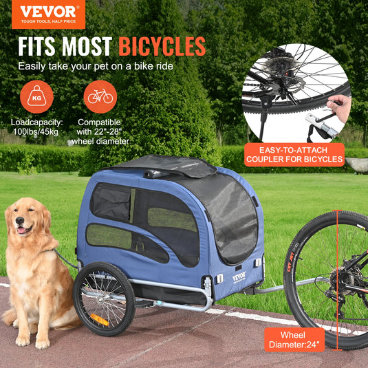 100 lb Pet Bike Trailer Foldable Bicycle Carrier for Dogs with Coupler, Reflectors & Safety Flag