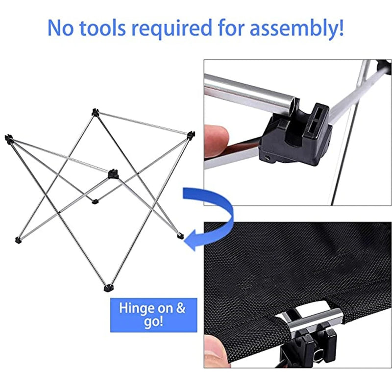 Load image into Gallery viewer, Instructions for assembling a chair with text 'No tools required for assembly!' and 'Hinge on &amp; go!'.
