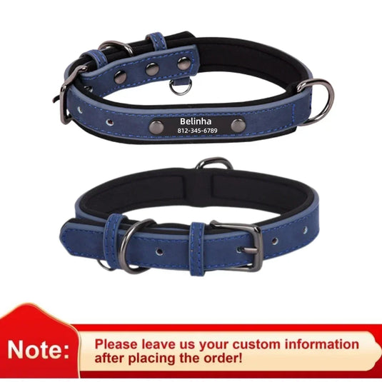 Custom Engraved Leather Dog Collar Soft Padded ID Tag Collar for All Dog Sizes