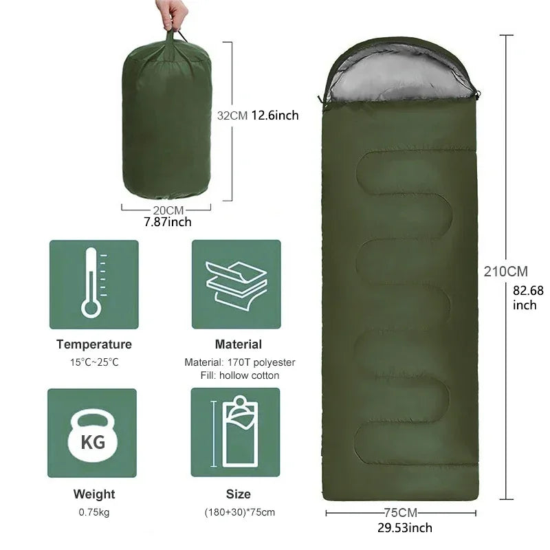 Load image into Gallery viewer, Green sleeping bag with dimensions, material, and features displayed on a white background
