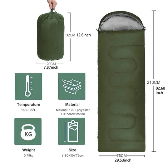 Green sleeping bag with dimensions, material, and features displayed on a white background
