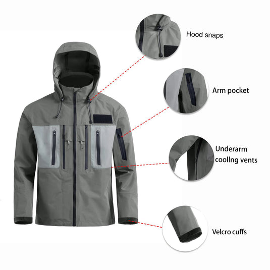 Men's Waterproof Jacket for Fishing Hiking Hunting 3-Layers Material With Hood Underarm Breathable Zipper FJ-29