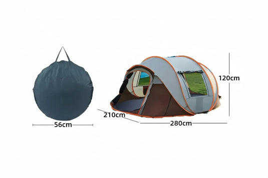 Large tent with dimensions and capacity information on a white background