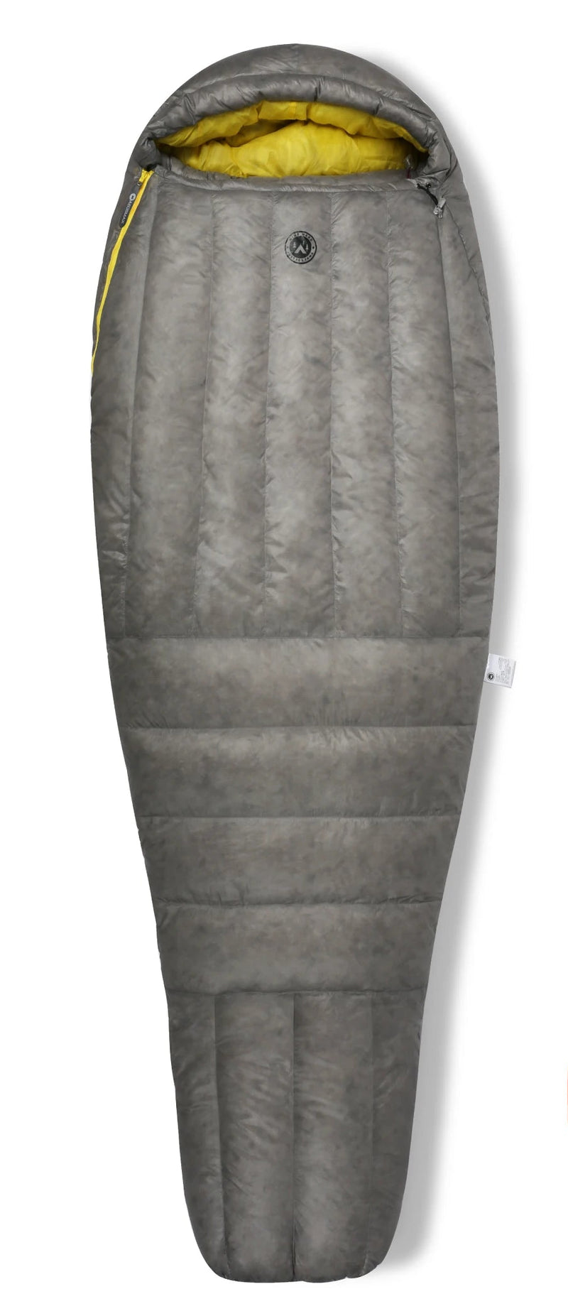 Load image into Gallery viewer, Gray sleeping bag with yellow interior on a white background, featuring product details.
