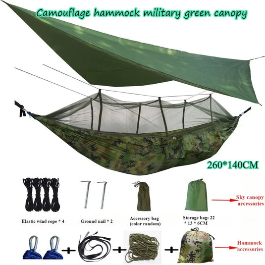 Camping Hammock with Mosquito Net & Rainfly – All-in-One Sunshade Shelter for Outdoor Comfort