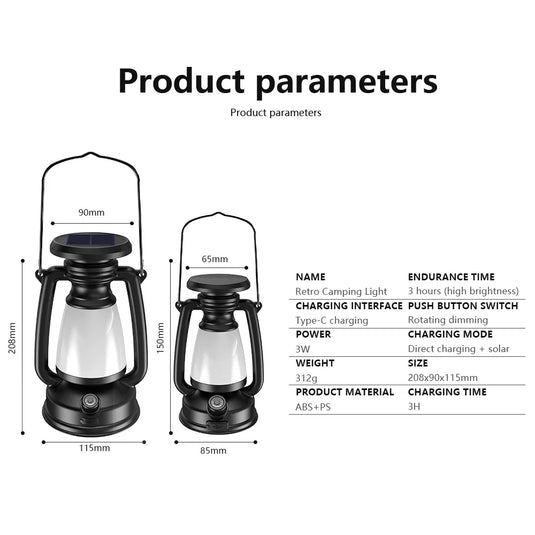 Retro Solar USB Camping Lantern | Stepless Dimming 3000–5000K Tent Light | Portable Hanging Lamp