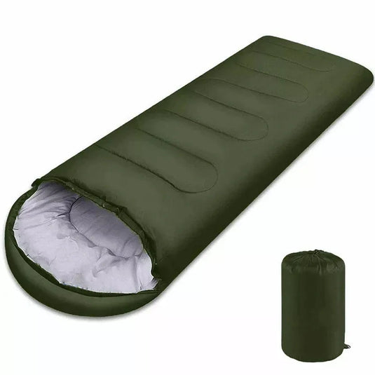 Green sleeping bag with white interior on a white background