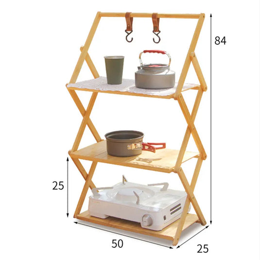 Bamboo Folding Camping Storage Rack | Multi-Layer Portable Outdoor Shelf | Foldable Camp Table