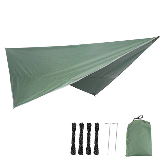 Green camping tarp with stakes, ropes, and carrying bag on a white background