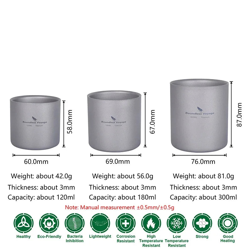 Load image into Gallery viewer, Titanium Double Wall Camp Cup Set | 120ml–450ml Insulated Teacup Coffee Mug | Outdoor Tableware
