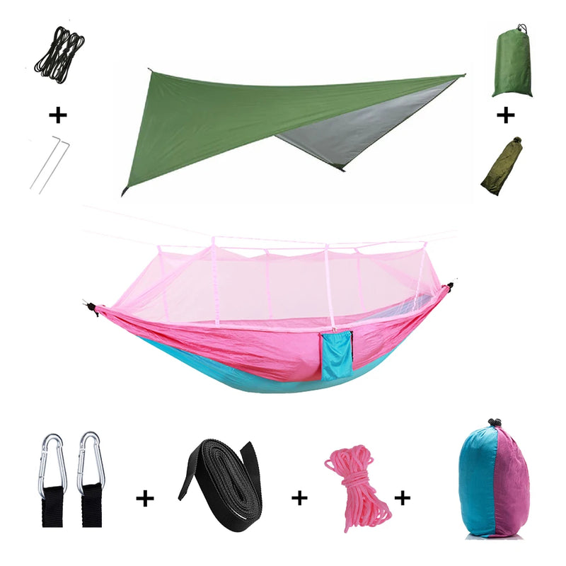 Load image into Gallery viewer, 2-in-1 Hammock with Mosquito Net &amp; Rain Tarp – Portable Survival Shelter for Camping &amp; Outdoor Use
