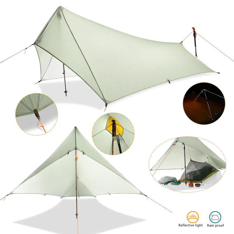 Load image into Gallery viewer, Light green camping tarp with reflective light and rainproof features on a white background
