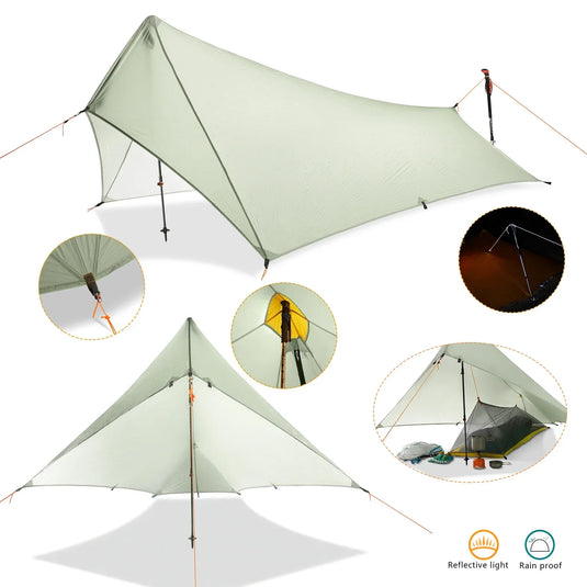 Light green camping tarp with reflective light and rainproof features on a white background