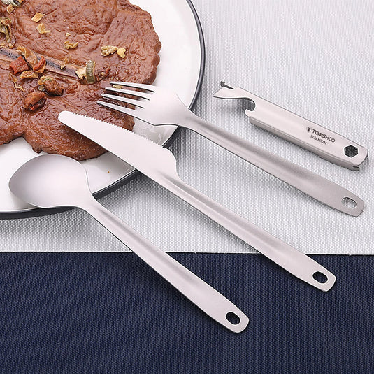 Titanium 4-in-1 Camping Cutlery Set with Multitool Storage Holder | Lightweight Outdoor Flatware