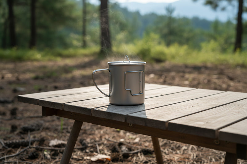 Load image into Gallery viewer, Titanium mug with specifications on a white background
