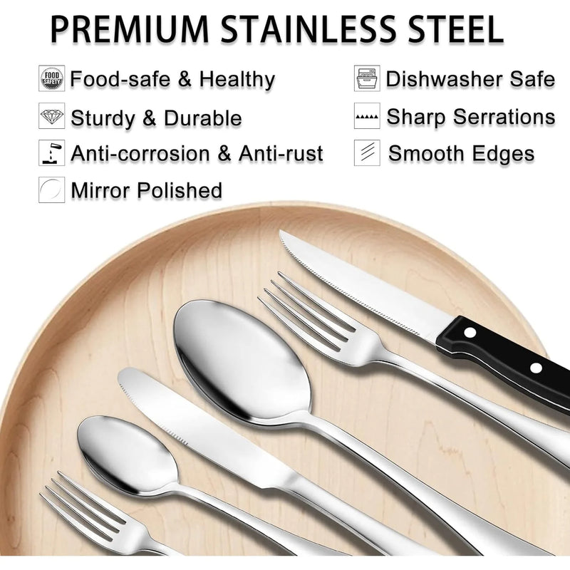 Load image into Gallery viewer, 49-Piece Stainless Steel Silverware Set with Cutlery Organizer, Service for 8 with Steak Knives and Kitchen Utensils
