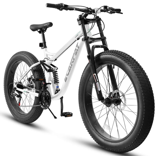A26309 26-Inch Full-Suspension Fat Tire Mountain Bike | 21-Speed Drivetrain, Mechanical Disc Brakes, Steel Frame | Off-Road MTB