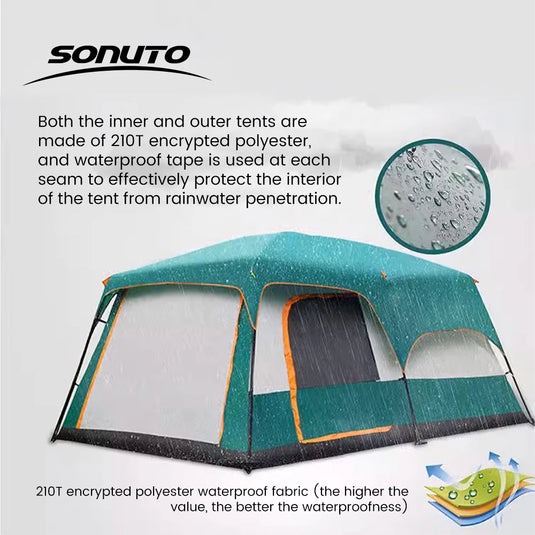 10-Person Waterproof Family Camping Tent – Instant Setup with Dual Bedrooms & Living Room