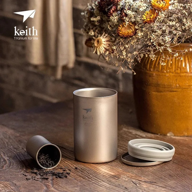 Load image into Gallery viewer, Titanium Double Wall Mug with Tea Infuser | 450ml Camping Tea Coffee Maker | Titanium Strainer Cup

