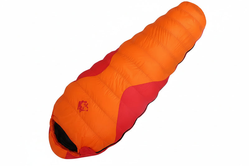 Load image into Gallery viewer, Orange and red sleeping bag with specifications on a white background
