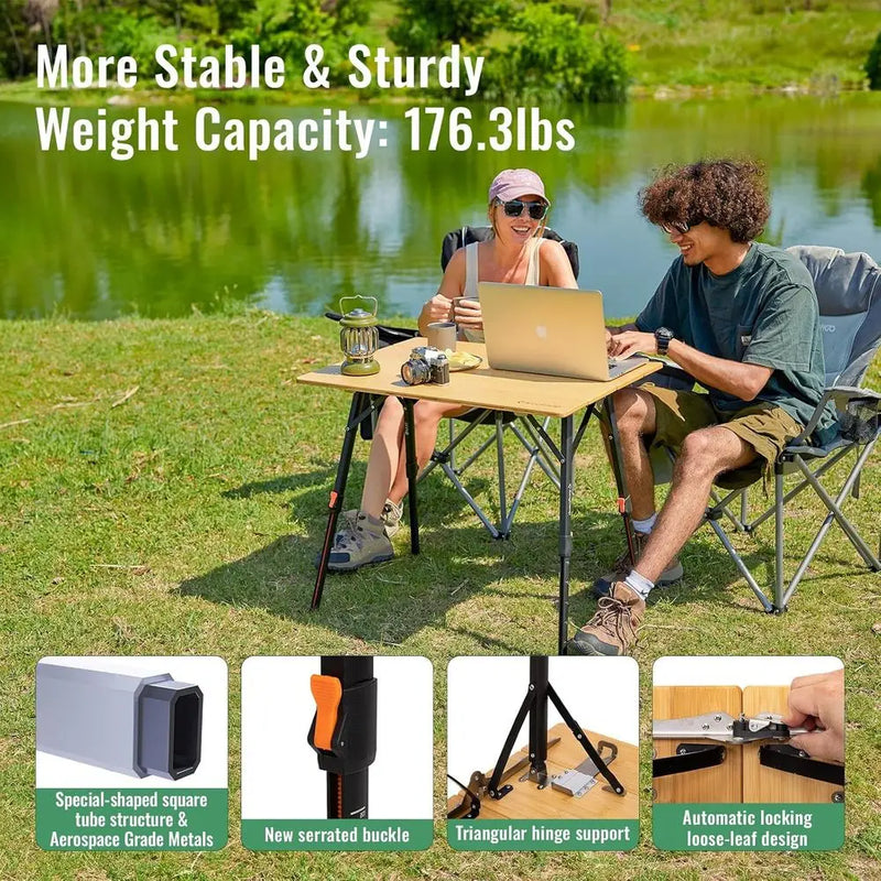 Load image into Gallery viewer, 4-Fold Bamboo Camping Table | Adjustable Height Aluminum Frame | Portable Outdoor RV Picnic Table
