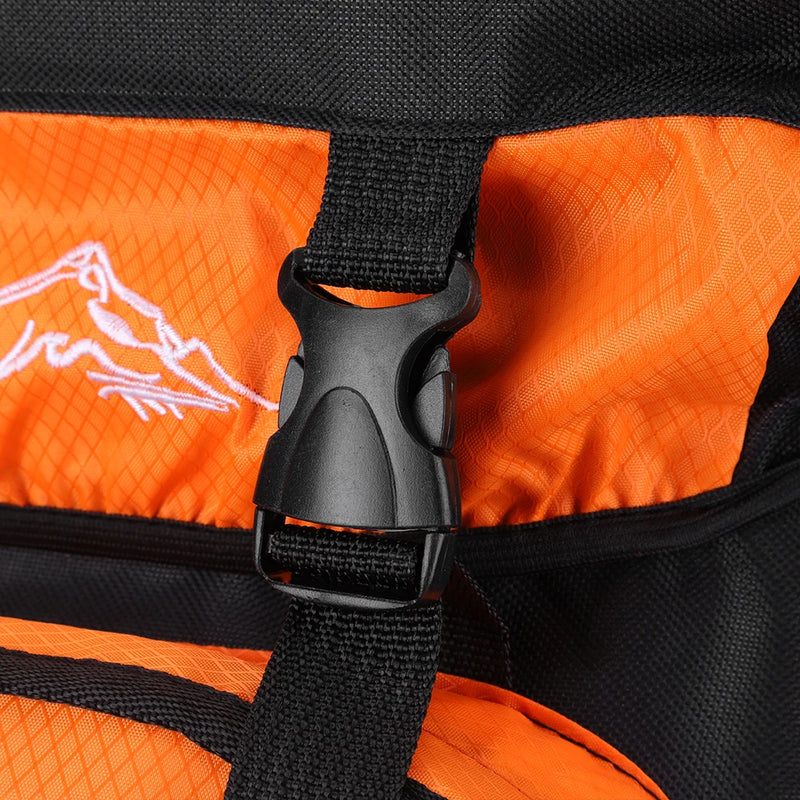 Load image into Gallery viewer, Close-up of an orange bag with a black buckle and logo.
