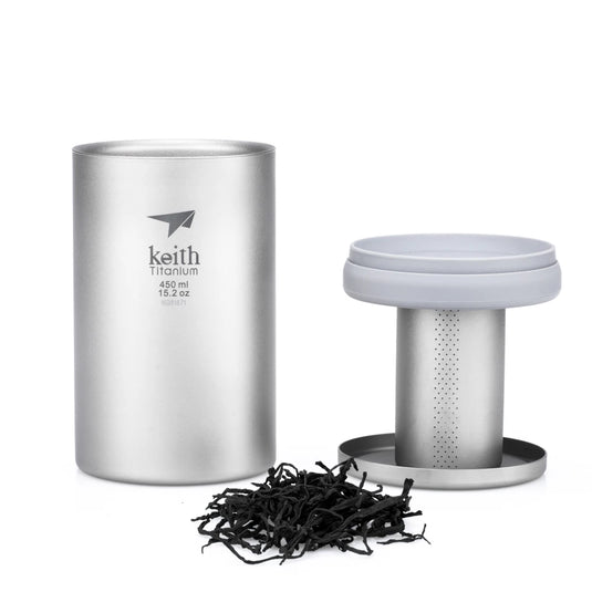 Titanium Double Wall Mug with Tea Infuser | 450ml Camping Tea Coffee Maker | Titanium Strainer Cup