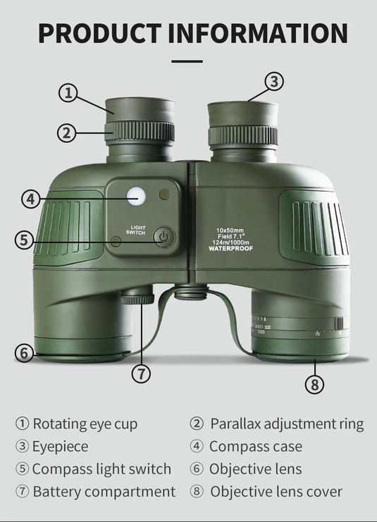 waterproof 10X50 binoculars with compass rangefinder binoculars telescope