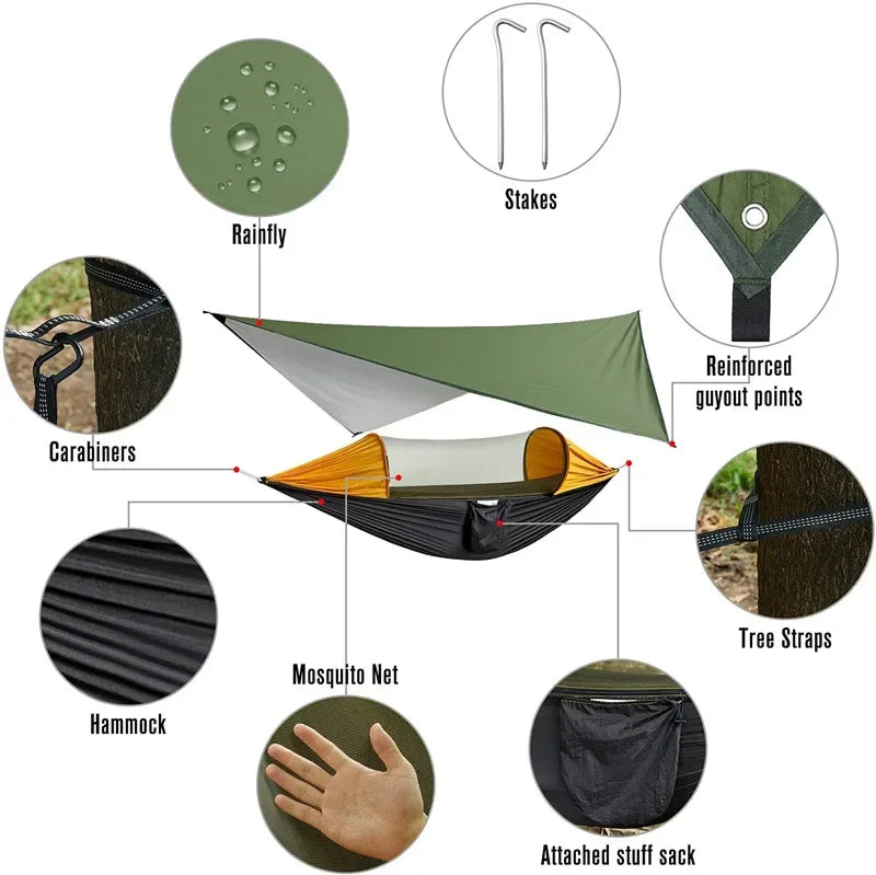 Load image into Gallery viewer, Camping Hammock with Mosquito Net and Rain Fly – 2-Person Portable Outdoor Hammock for Backpacking, Travel, Survival
