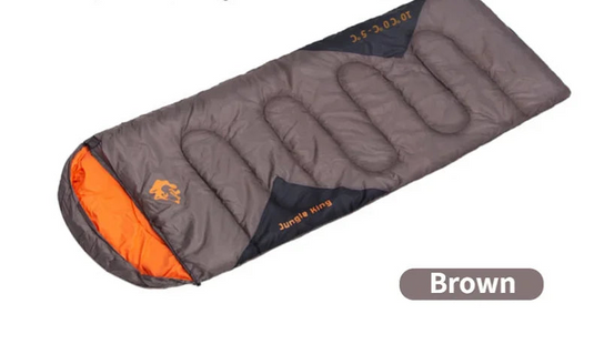 Brown sleeping bag with product details on a white background
