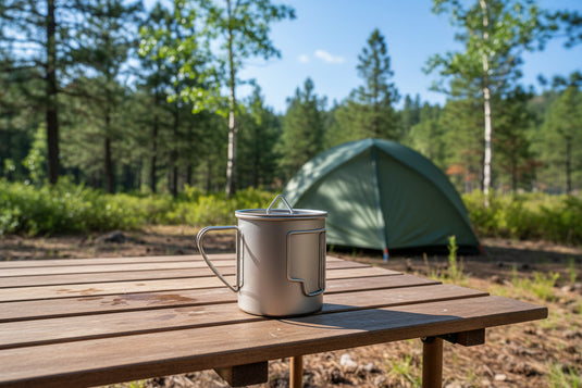 Titanium mug with specifications on a white background