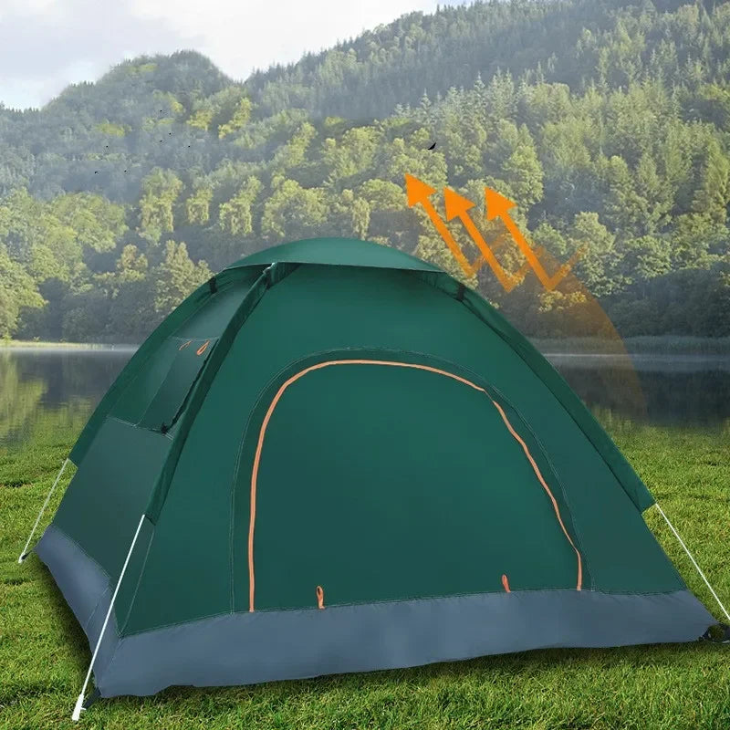 Load image into Gallery viewer, Green camping tent with ventilation arrows on a grassy area with a forest and lake background
