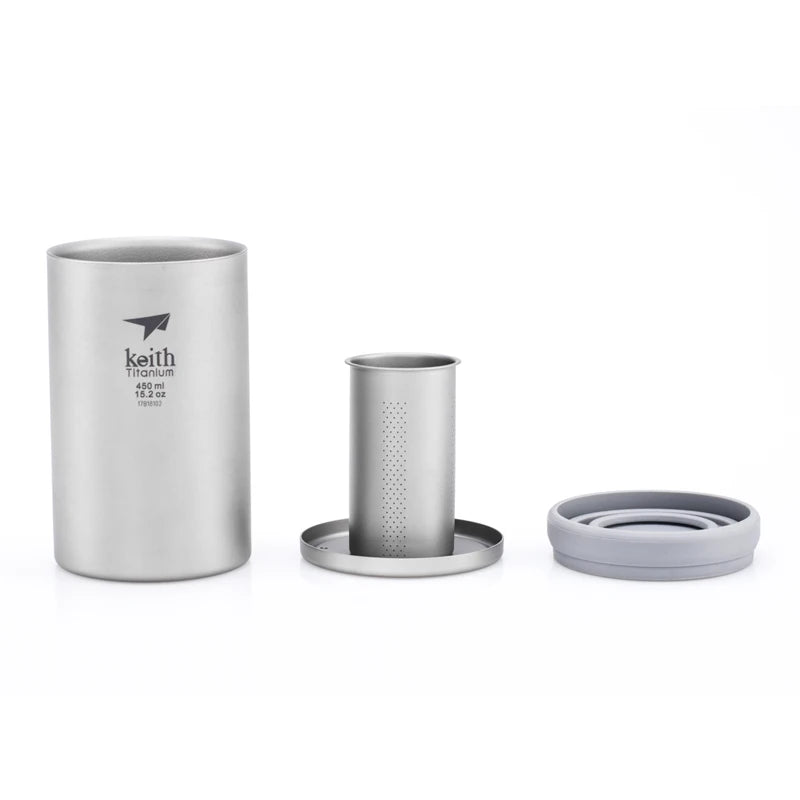Load image into Gallery viewer, Titanium Double Wall Mug with Tea Infuser | 450ml Camping Tea Coffee Maker | Titanium Strainer Cup
