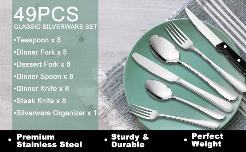 Load image into Gallery viewer, 49-Piece Stainless Steel Silverware Set with Cutlery Organizer, Service for 8 with Steak Knives and Kitchen Utensils
