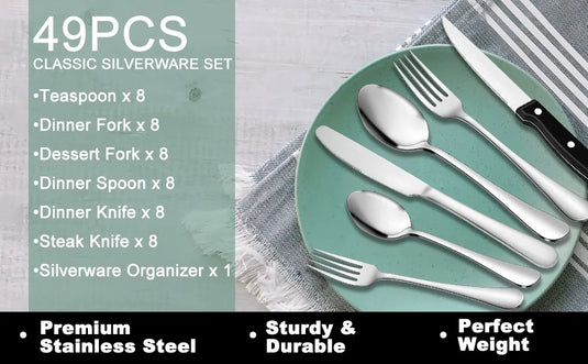 49-Piece Stainless Steel Silverware Set with Cutlery Organizer, Service for 8 with Steak Knives and Kitchen Utensils