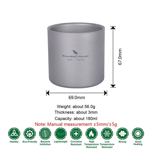 Titanium Double Wall Camp Cup Set | 120ml–450ml Insulated Teacup Coffee Mug | Outdoor Tableware