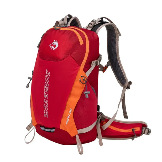 Red and orange backpack with visible branding on a white background