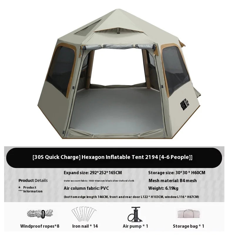 Load image into Gallery viewer, Hexagonal inflatable tent with product details on a white background
