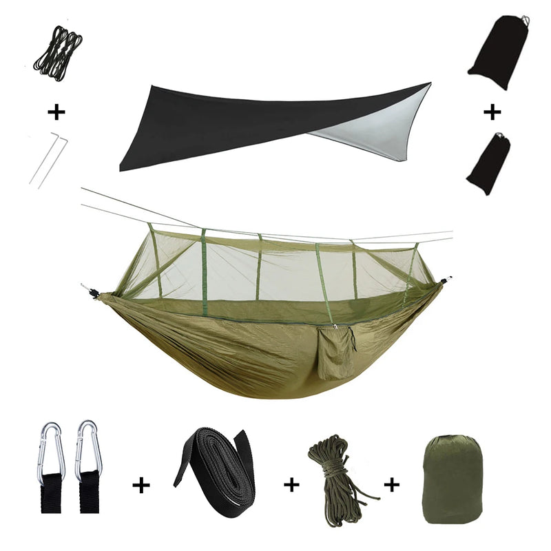 Load image into Gallery viewer, 2-in-1 Hammock with Mosquito Net &amp; Rain Tarp – Portable Survival Shelter for Camping &amp; Outdoor Use
