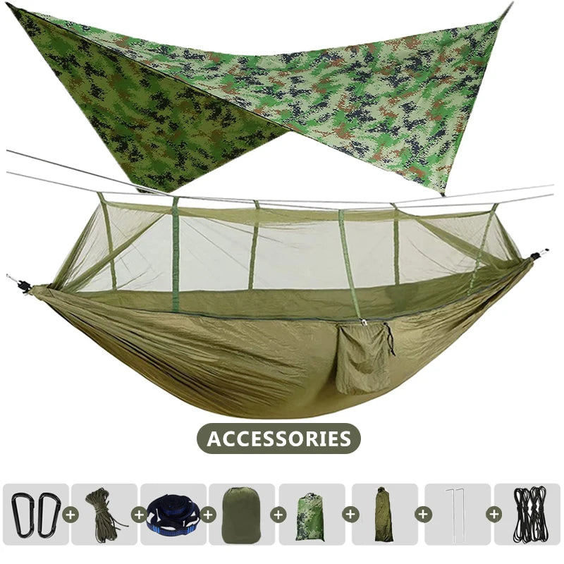 Load image into Gallery viewer, Double Camping Hammock with Mosquito Net &amp; Rain Fly – 260x140cm Lightweight Parachute Hammock for Travel &amp; Hiking
