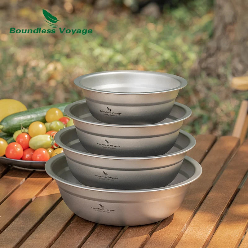 Load image into Gallery viewer, Titanium Camping Plates Bowls Set | Stackable Ultralight Dinnerware | Outdoor Serving Skillet
