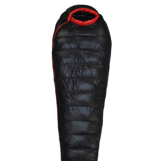 Black sleeping bag with red interior on a white background